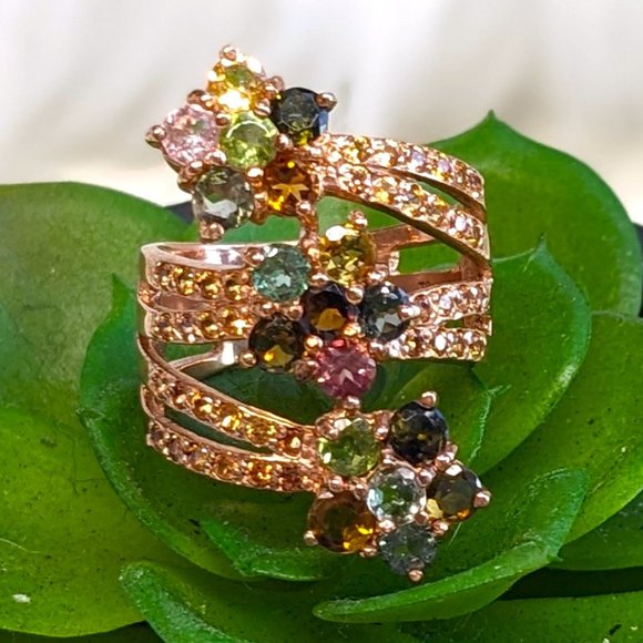 925 STERLING Tourmaline & Yellow Sapphire Floral Wrap Ring SZ 7.75 - Picture 4 of 12